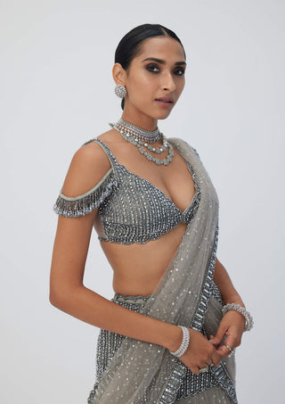 Crystal gray sequin scattered pre draped sari set