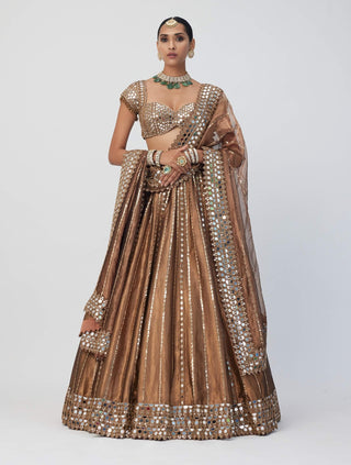 Copper shimmer organza linear lehenga set