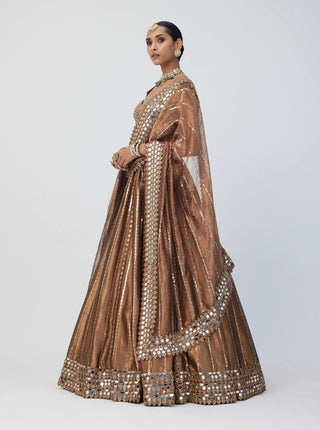 Copper shimmer organza linear lehenga set