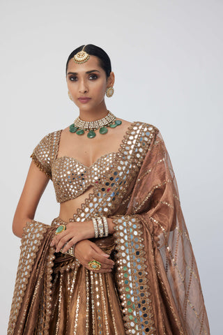 Copper shimmer organza linear lehenga set