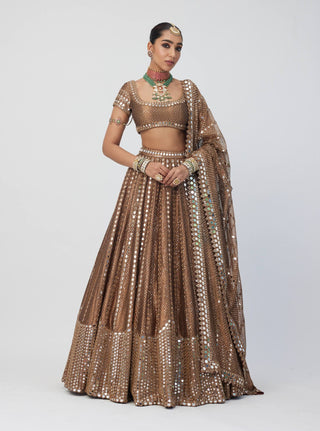 Copper shimmer organza linear lehenga set