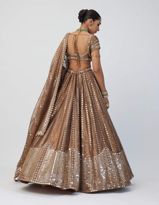 Copper shimmer organza linear lehenga set