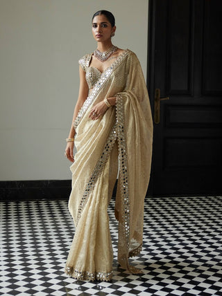 Golden Shimmer Organza Sari And Blouse by Vvani By Vani Vats available on Indiaspopup