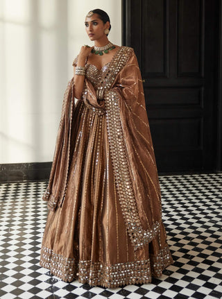 Copper shimmer organza linear lehenga set