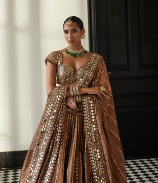 Copper shimmer organza linear lehenga set