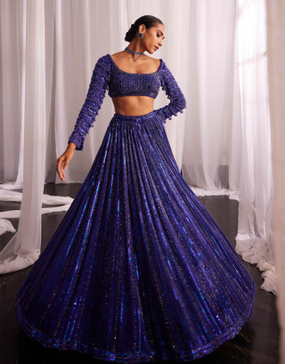 Cocktail Blue Crystal Linear Embroidered Lehenga Set by Vvani By Vani Vats available on Indiaspopup.com