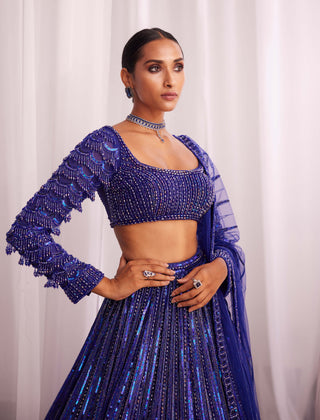 Cocktail Blue Crystal Linear Embroidered Lehenga Set by Vvani By Vani Vats available on Indiaspopup.com