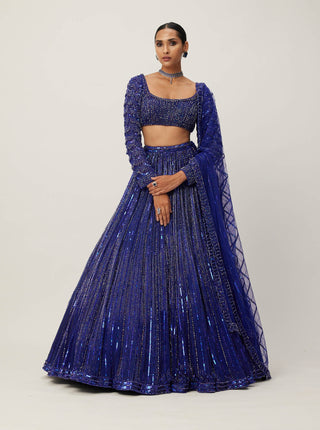 Cocktail Blue Crystal Linear Embroidered Lehenga Set by Vvani By Vani Vats available on Indiaspopup.com