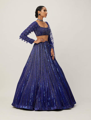 Cocktail Blue Crystal Linear Embroidered Lehenga Set by Vvani By Vani Vats available on Indiaspopup.com