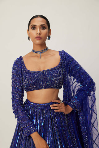 Cocktail Blue Crystal Linear Embroidered Lehenga Set by Vvani By Vani Vats available on Indiaspopup.com