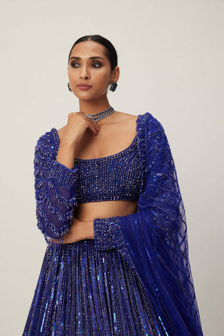 Cocktail Blue Crystal Linear Embroidered Lehenga Set by Vvani By Vani Vats available on Indiaspopup.com