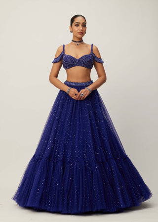 Cocktail Blue Sequins Scattered Tulle Lehenga Set by Vvani By Vani Vats available on Indiaspopup.com