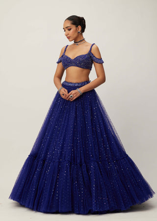 Cocktail Blue Sequins Scattered Tulle Lehenga Set by Vvani By Vani Vats available on Indiaspopup.com