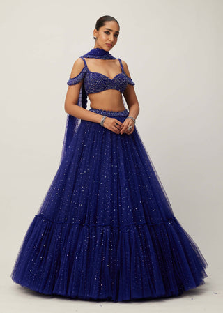 Cocktail blue sequins scattered tulle lehenga set