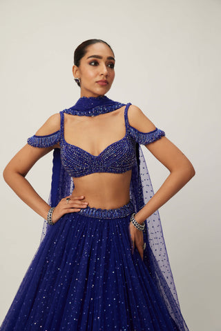 Cocktail Blue Sequins Scattered Tulle Lehenga Set by Vvani By Vani Vats available on Indiaspopup.com