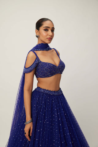 Cocktail Blue Sequins Scattered Tulle Lehenga Set by Vvani By Vani Vats available on Indiaspopup.com