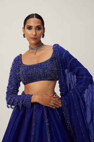 Cocktail Blue Organza Lehenga Set by Vvani By Vani Vats available on Indiaspopup.com