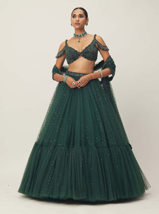 Dark Jade Green Sequins Scattered Tulle Lehenga Set by Vvani By Vani Vats available on Indiaspopup.com