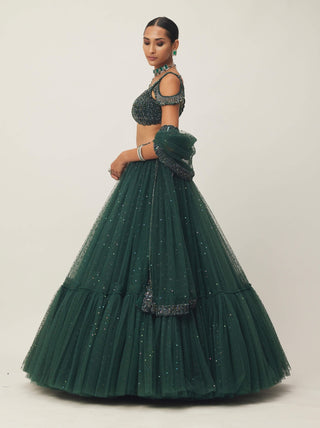 Dark Jade Green Sequins Scattered Tulle Lehenga Set by Vvani By Vani Vats available on Indiaspopup.com