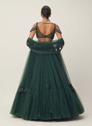 Dark Jade Green Sequins Scattered Tulle Lehenga Set by Vvani By Vani Vats available on Indiaspopup.com