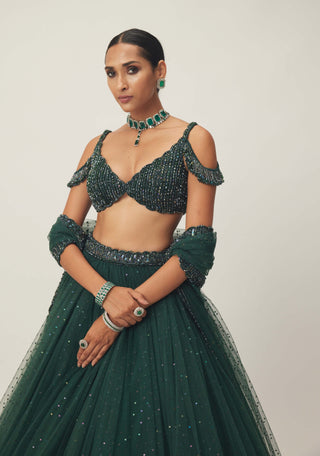 Dark Jade Green Sequins Scattered Tulle Lehenga Set by Vvani By Vani Vats available on Indiaspopup.com