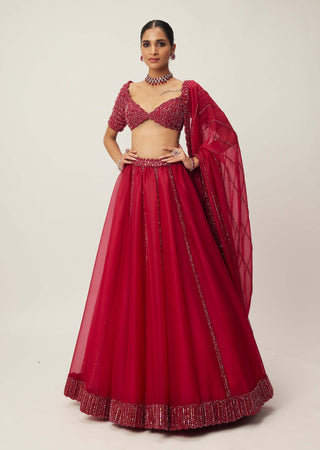 Ruby Red Organza Lehenga Set by Vvani By Vani Vats available on Indiaspopup.com