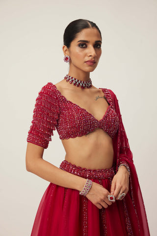 Ruby Red Organza Lehenga Set by Vvani By Vani Vats available on Indiaspopup.com