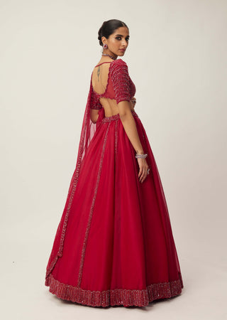 Ruby Red Organza Lehenga Set by Vvani By Vani Vats available on Indiaspopup.com