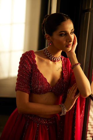 Ruby Red Organza Lehenga Set by Vvani By Vani Vats available on Indiaspopup.com