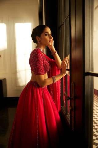 Ruby Red Organza Lehenga Set by Vvani By Vani Vats available on Indiaspopup.com