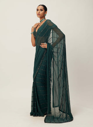 Dark jade green crystal linear embroidered sari and blouse