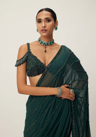 Dark jade green crystal linear embroidered sari and blouse