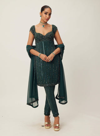 Dark Jade Green Crystal Embellished Kurta Set by Vvani By Vani Vats available on Indiaspopup.com