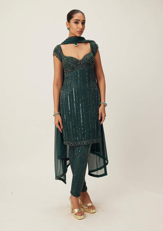 Dark Jade Green Crystal Embellished Kurta Set by Vvani By Vani Vats available on Indiaspopup.com