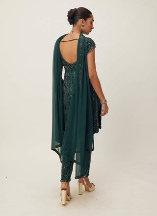 Dark Jade Green Crystal Embellished Kurta Set by Vvani By Vani Vats available on Indiaspopup.com