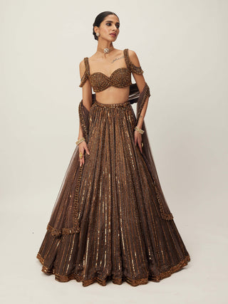 Copper Crystal Linear Embroidered Lehenga Set by Vvani By Vani Vats available on Indiaspopup.com