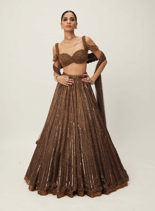 Copper Crystal Linear Embroidered Lehenga Set by Vvani By Vani Vats available on Indiaspopup.com