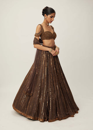 Copper Crystal Linear Embroidered Lehenga Set by Vvani By Vani Vats available on Indiaspopup.com