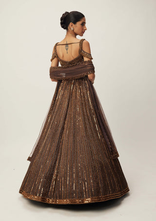 Copper Crystal Linear Embroidered Lehenga Set by Vvani By Vani Vats available on Indiaspopup.com