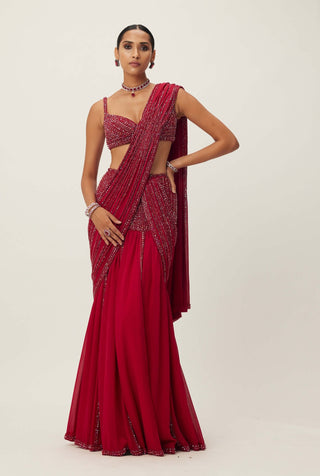 Ruby red pre-draped crystal embellished sari set