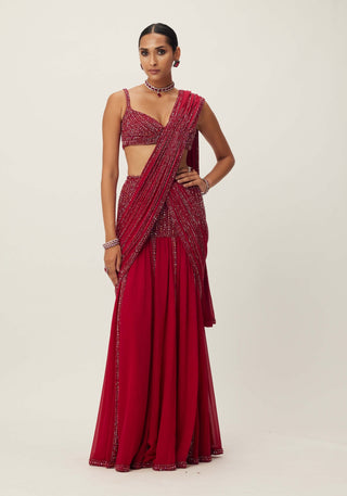 Ruby red pre-draped crystal embellished sari set