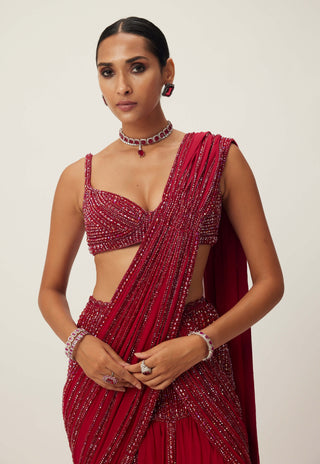 Ruby red pre-draped crystal embellished sari set