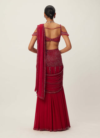 Ruby red pre-draped crystal embellished sari set