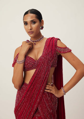 Ruby red pre-draped crystal embellished sari set