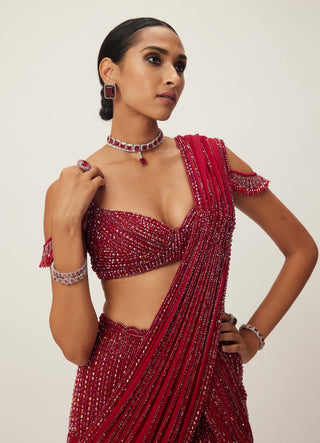 Ruby red pre-draped crystal embellished sari set