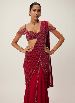 Ruby red pre-draped crystal embellished sari set