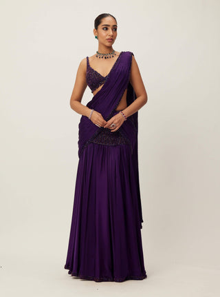 Royalty purple pre-draped crystal beaded sari set