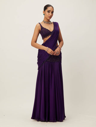 Royalty purple pre-draped crystal beaded sari set