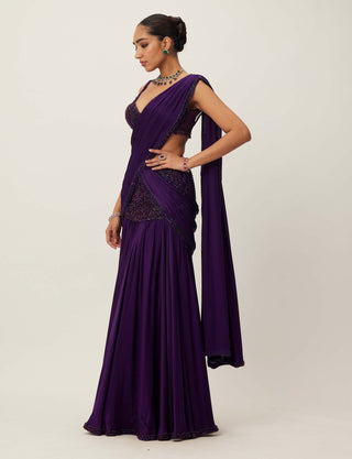 Royalty purple pre-draped crystal beaded sari set