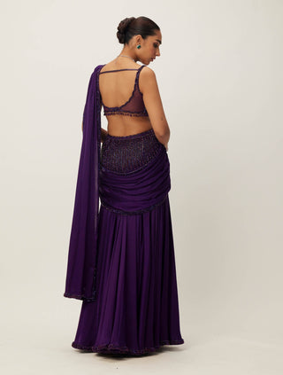 Royalty purple pre-draped crystal beaded sari set